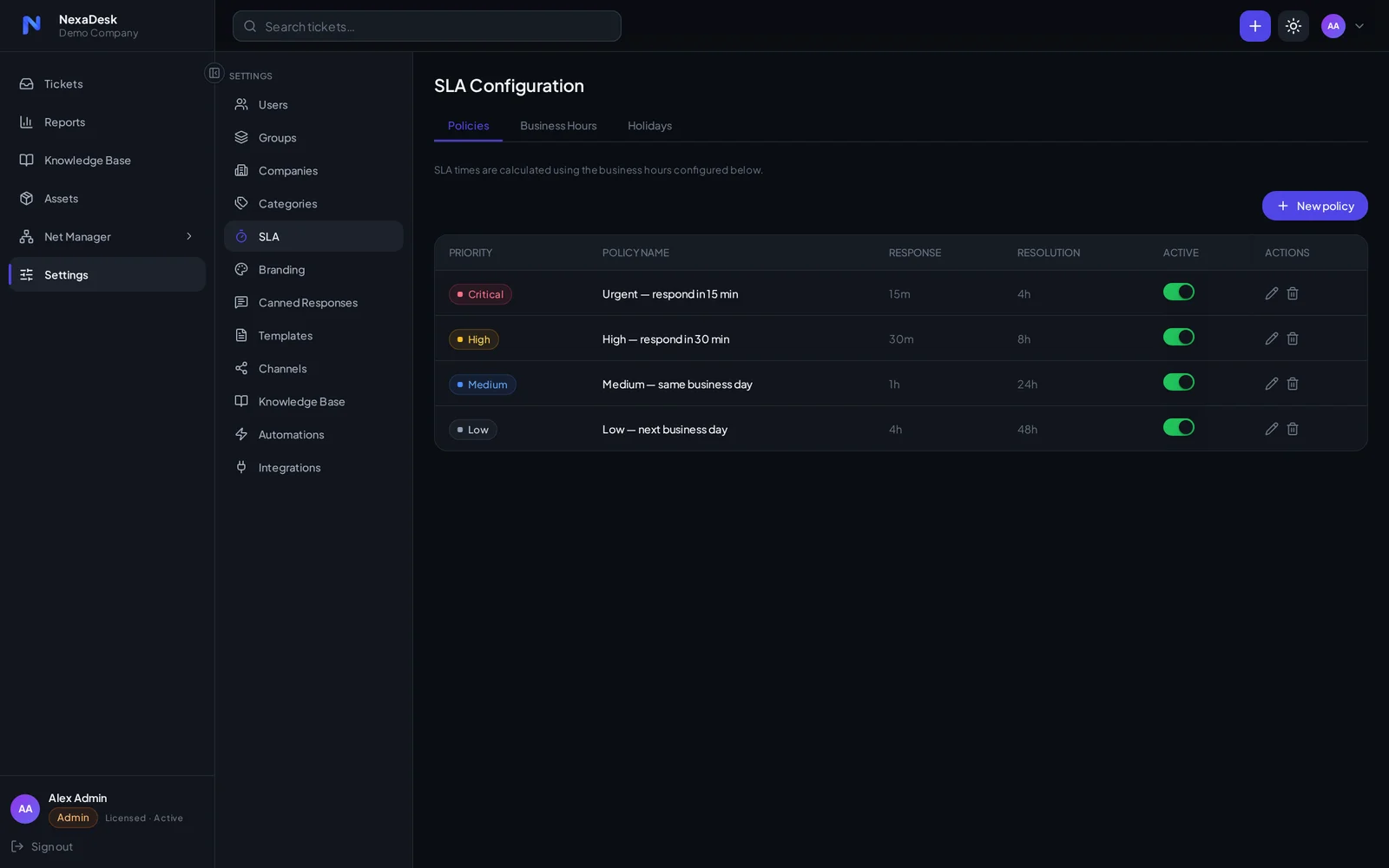 NexaDesk SLA policy configuration