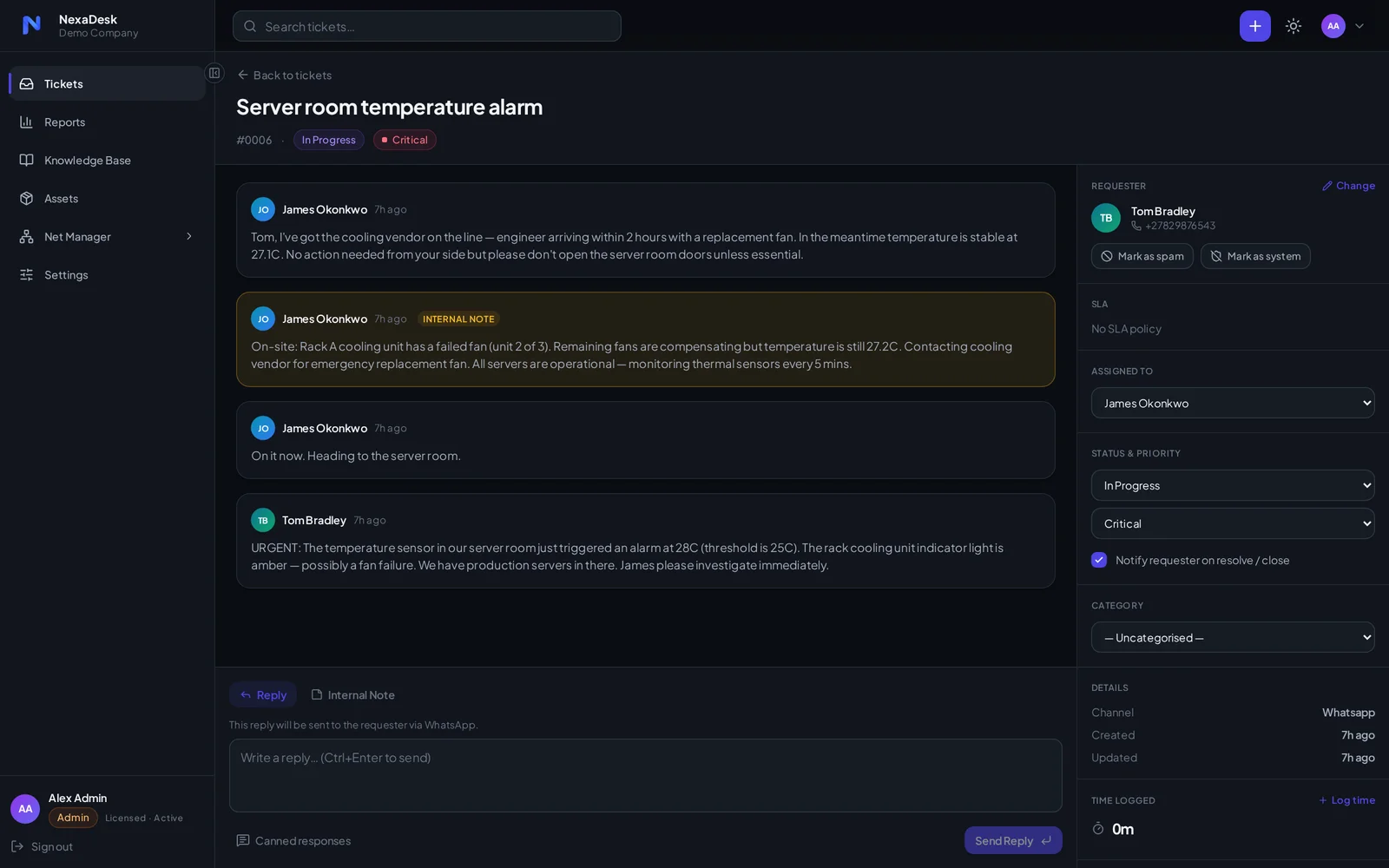 NexaDesk ticket conversation with internal notes